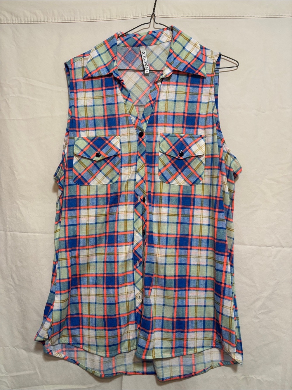 Sleeveless Plaid Button-Up Tank Top - Blue/Multi Womens Size 2X